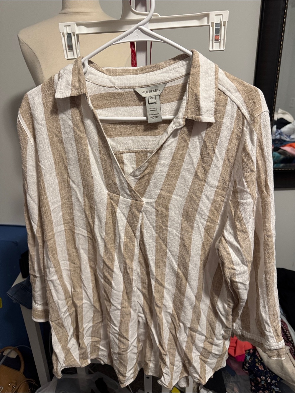 Multiples Beige and White Striped V-Neck Collared Tunic